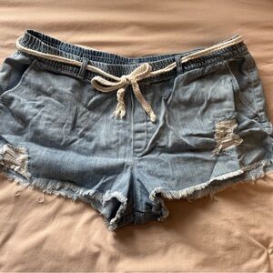 Aerie Blue Jean Shorts with Frayed Hem and Drawstring